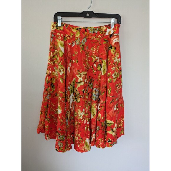 Premise Fluted Floral Colorful Orange  Flowy Linen Blend Skirt Womens 8 - Picture 2 of 11
